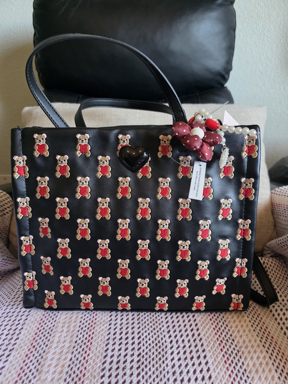 Betsey Johnson Black Tote with Bear Embroidery and Heart Charm
